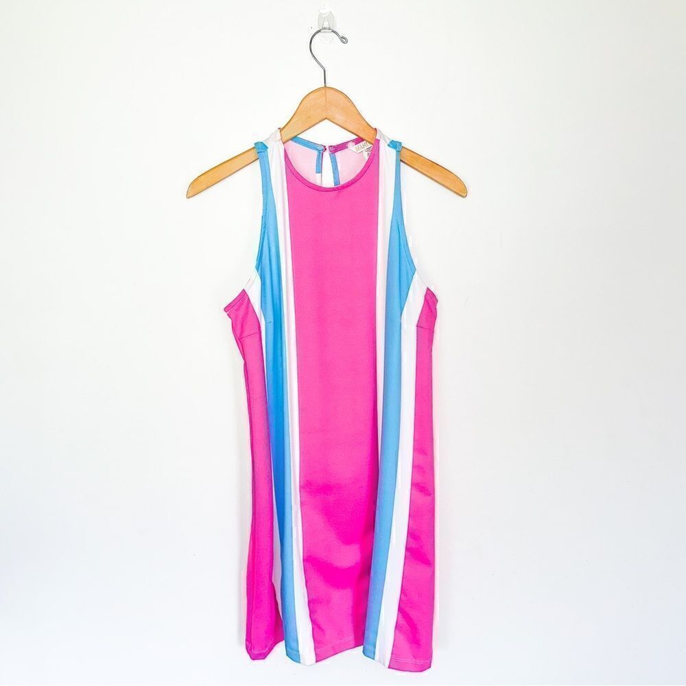 Mahi Gold Women’s Malibu Barbie Pink and Blue Retro Stripe Sleeveless Dress